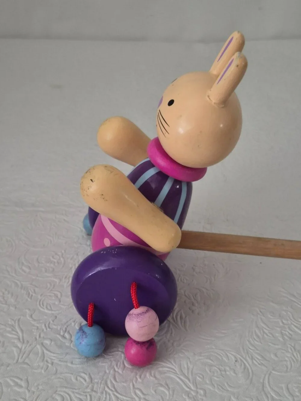 Wooden Rabbit Easter Bunny Kids Toddler Push Pull Clacker Toy Purple Pink